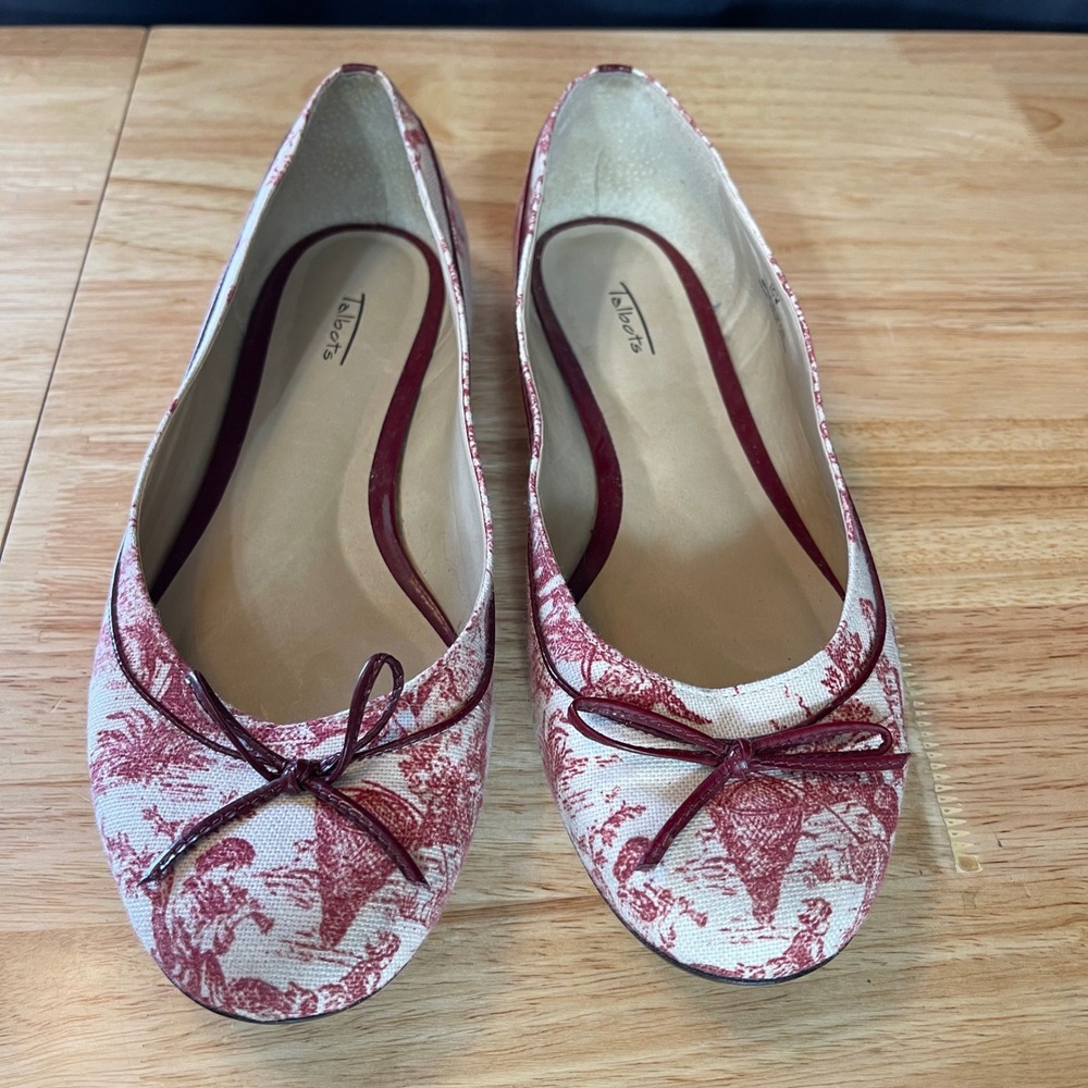 Talbots Red Cream Toile Canvas Ballet Flats Round Toe Bow Shoes Womens 10M